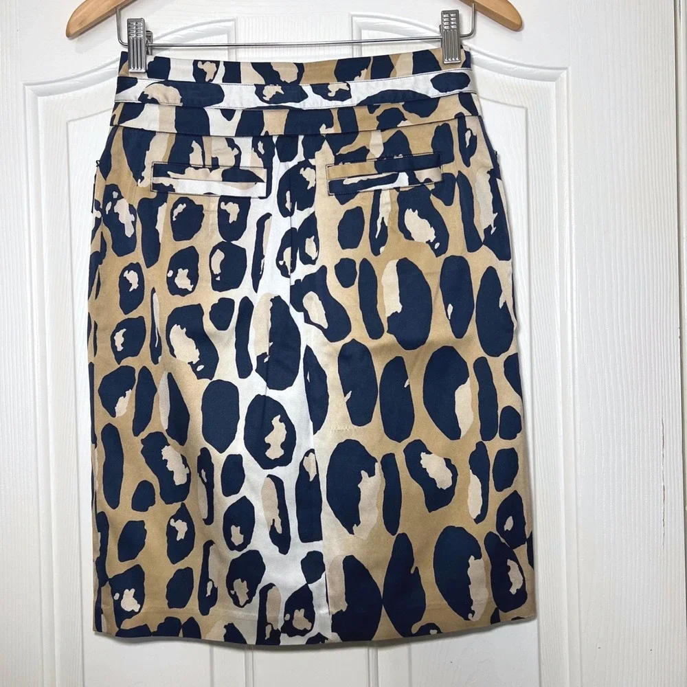 Diane von Furstenberg DVF Silk Leopard Print Cargo‎ Pencil Skirt Navy Tan Size 6